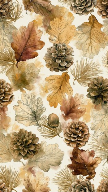 A cute fall wallpaper displaying a seamless pattern of autumn leaves, pinecones, and acorns in a watercolor style