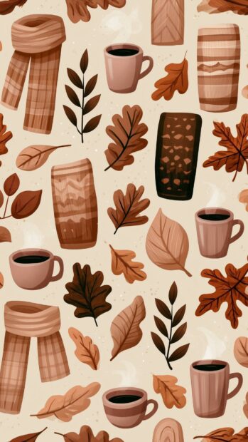A cute fall wallpaper featuring a seamless pattern of autumn leaves, coffee mugs, and cozy scarves