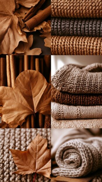 A cute fall wallpaper featuring a warm collage of autumn textures like cinnamon sticks, dried leaves, and knitted sweaters
