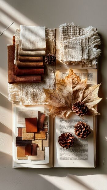 A cute fall wallpaper showing a flat lay with an open book, dried leaves, pinecones, and fabric swatches in autumnal colors