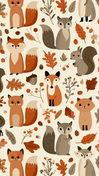 A cute fall wallpaper showcasing an adorable pattern of cartoon foxes, raccoons, squirrels, and autumn leaves