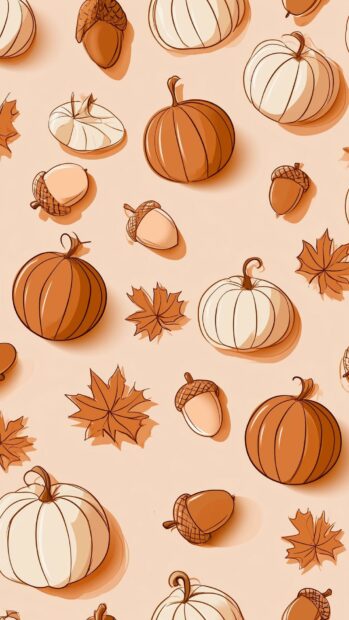 A cute fall wallpaper featuring a seamless pattern of cartoon pumpkins, acorns, and autumn leaves