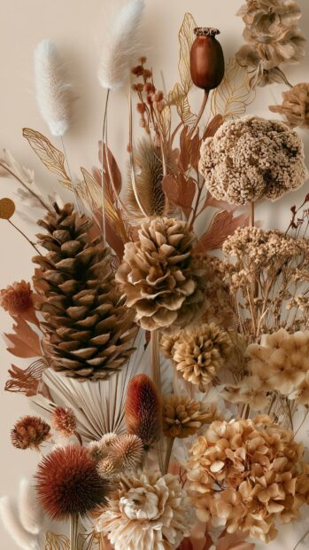 A cute fall wallpaper showcasing a beautiful arrangement of dried flowers, pine cones, and pampas grass in warm autumn colors