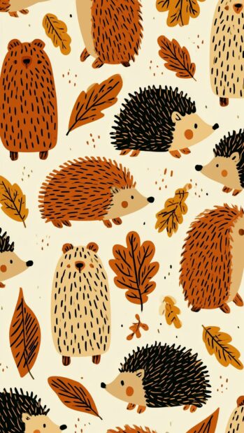 A cute fall wallpaper displaying an adorable pattern of hedgehogs, bears, and autumn leaves