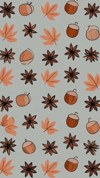 A cute fall wallpaper displaying a pattern of simple maple leaves, acorns, and star anise on a light gray background