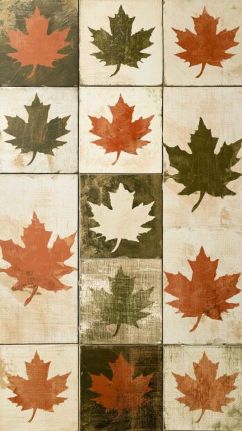 A cute fall wallpaper showcasing a rustic grid pattern of maple leaves in autumn colors on distressed tiles
