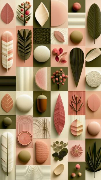 A cute fall wallpaper displaying a minimalist geometric grid of 3D autumn objects like leaves, acorns, and berries in muted pink, cream, and olive green tones