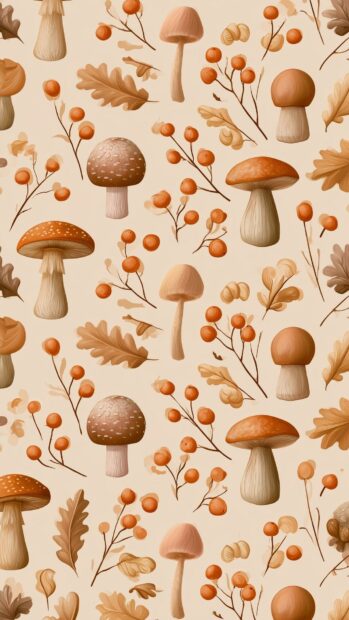 A cute fall wallpaper featuring a seamless pattern of charming mushrooms, oak leaves, and orange berries