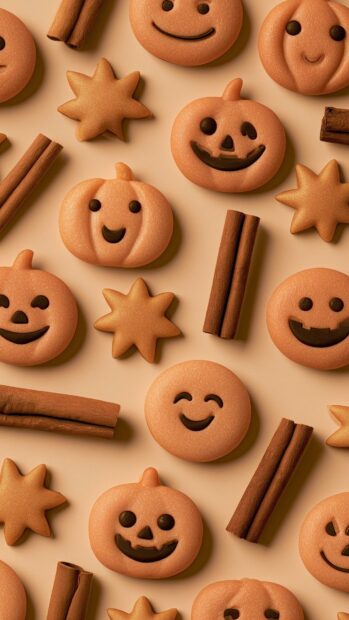 A cute fall wallpaper showcasing a delightful pattern of smiling pumpkin cookies and cinnamon sticks