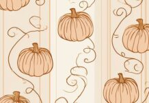 A cute fall wallpaper featuring an adorable pattern of cartoon pumpkins connected by elegant swirling vines on a soft cream background with subtle vertical stripes