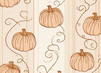 A cute fall wallpaper featuring an adorable pattern of cartoon pumpkins connected by elegant swirling vines on a soft cream background with subtle vertical stripes