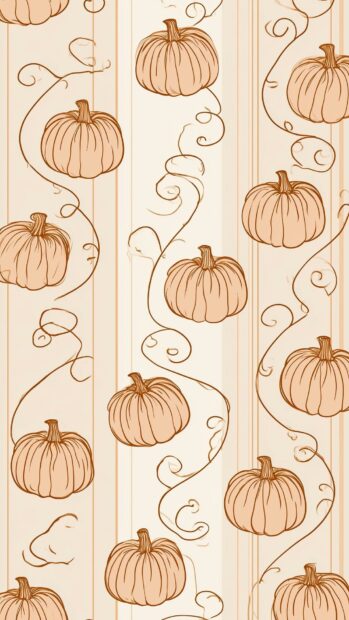 A cute fall wallpaper featuring an adorable pattern of cartoon pumpkins connected by elegant swirling vines on a soft cream background with subtle vertical stripes