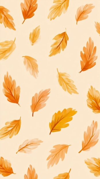 A cute fall wallpaper displaying a minimalist pattern of scattered orange and yellow autumn leaves on a light background