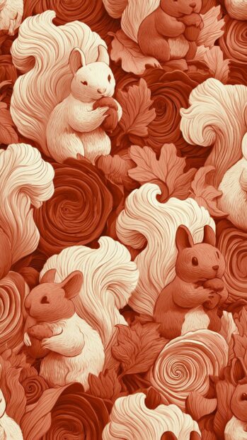A cute fall wallpaper featuring a seamless pattern of squirrels holding acorns, surrounded by stylized leaves and floral elements in warm brown and cream tones