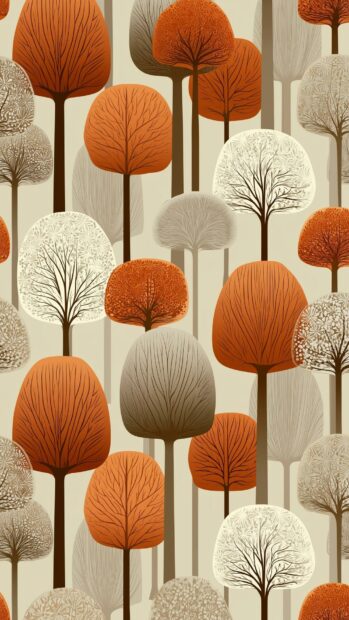 A cute fall wallpaper featuring a minimalistic and stylized pattern of autumn trees in warm orange, brown, and cream colors