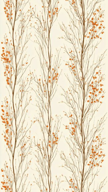 A cute fall wallpaper featuring minimalist tree branches with tiny orange leaves on a light background