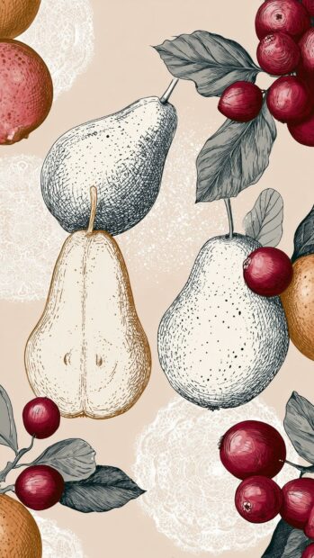 A vintage-style cute fall wallpaper illustrating pears, cranberries, and leaves on a textured light background