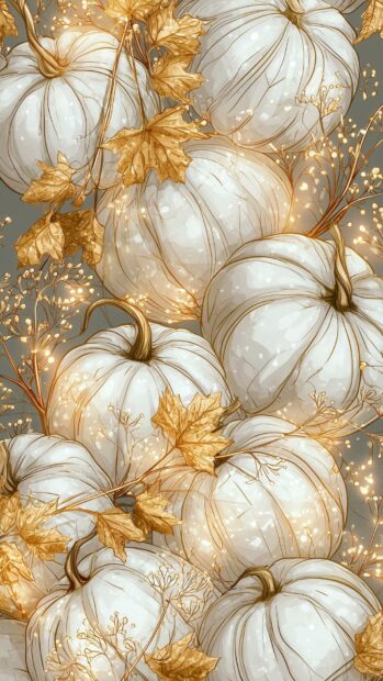 A cute fall wallpaper featuring an elegant pattern of white pumpkins with sparkling golden leaves and delicate light accents