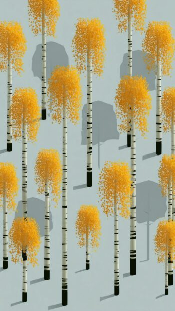 A cute fall wallpaper illustrating a repeating pattern of stylized birch trees with vibrant yellow foliage and long shadows on a light blue-grey background