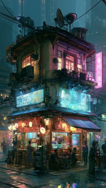 A vibrant cyberpunk wallpaper showcasing a detailed street-level building with glowing neon signs, holographic screens, and people in a futuristic city