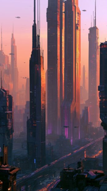 An expansive Cyberpunk Wallpaper depicting a futuristic city skyline with towering skyscrapers and numerous flying vehicles under an orange sky