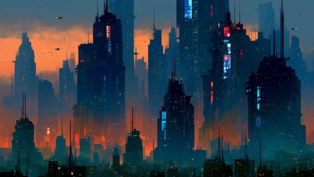 A stunning cyberpunk wallpaper depicting a futuristic city skyline at sunset with towering dark buildings and glowing neon accents
