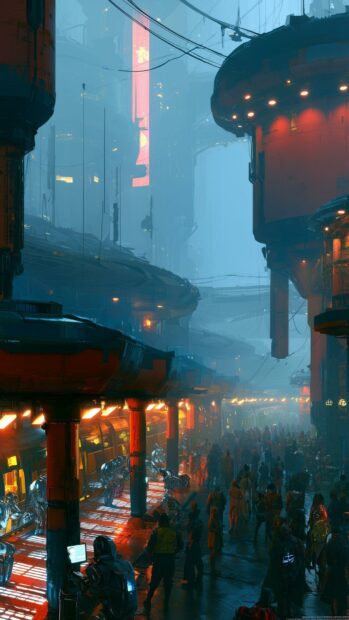A vibrant cyberpunk wallpaper featuring a bustling city street with futuristic buildings and glowing neon lights