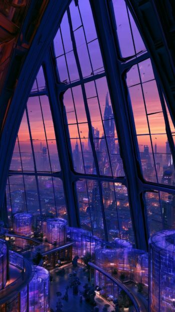 An immersive cyberpunk wallpaper featuring a futuristic city skyline viewed through a large window at purple and orange sunset