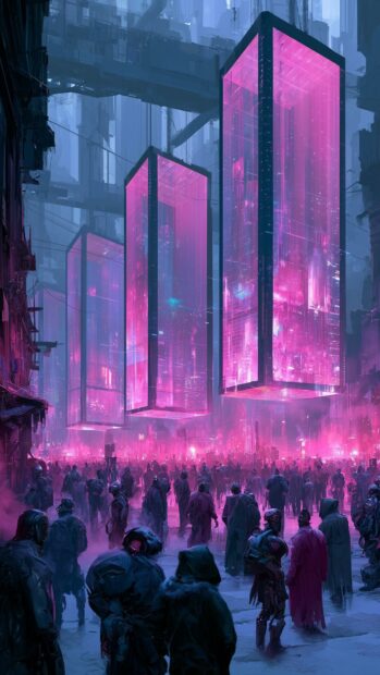 A crowded Cyberpunk Wallpaper depicting a futuristic city street with large glowing pink towers floating above a multitude of people