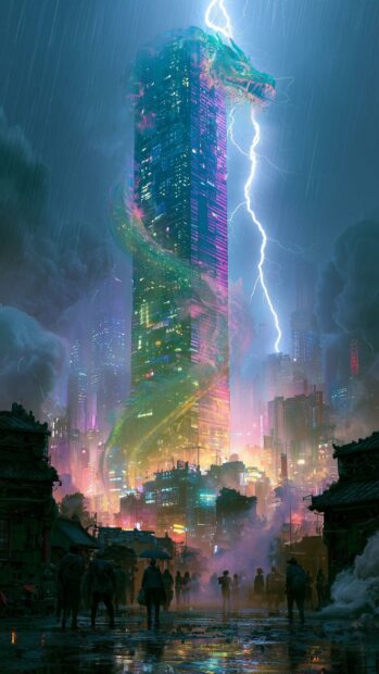A dramatic Cyberpunk Wallpaper featuring a towering skyscraper with a dragon head, struck by lightning, overlooking a rainy, neon-lit city