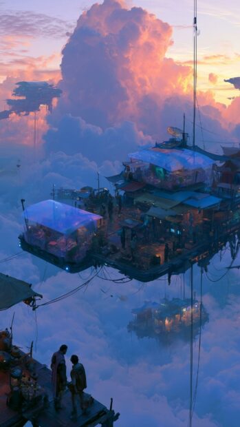 A beautiful cyberpunk wallpaper showing a vibrant floating city market above pink and purple clouds at sunset