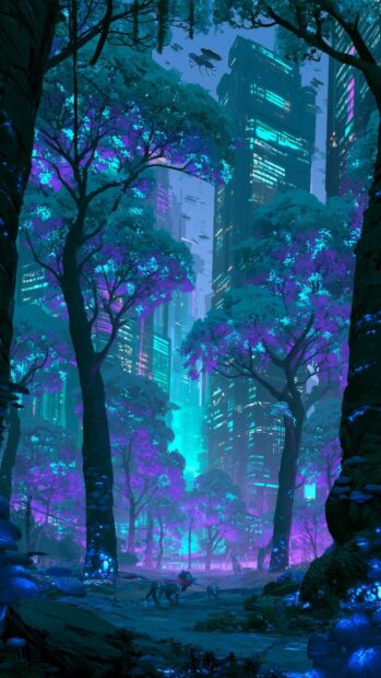 A unique Cyberpunk Wallpaper featuring a glowing purple and blue forest leading to a futuristic city, with a mysterious glowing creature in the foreground