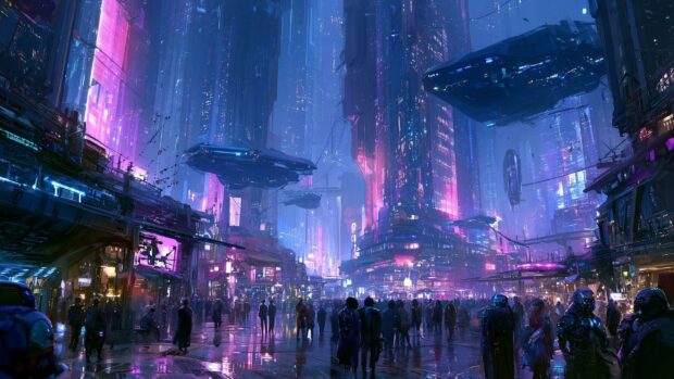 Cyberpunk wallpaper showcasing a bustling futuristic city with towering skyscrapers, flying vehicles, and crowds of people under vibrant purple and blue neon lights