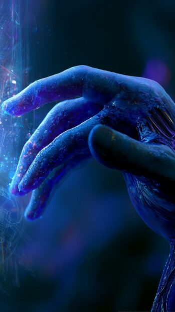 An ethereal Cyberpunk Wallpaper of a glowing blue futuristic hand with digital particles against a dark background