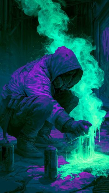 An intense cyberpunk wallpaper showing a hooded graffiti artist spraying glowing green paint with smoke