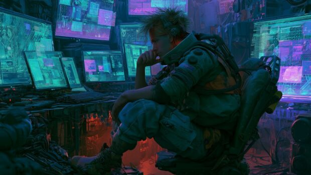 A captivating cyberpunk wallpaper featuring a hacker surrounded by multiple glowing screens in a high-tech room