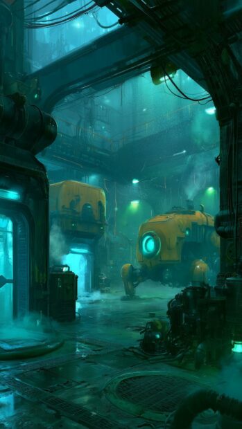 An atmospheric cyberpunk wallpaper featuring a dark industrial lab interior with large yellow robots and glowing teal lighting on a wet floor