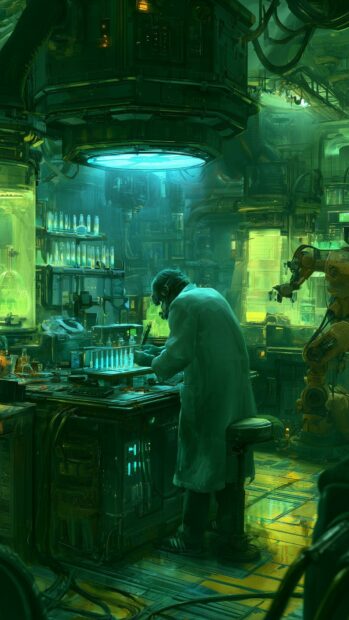 A detailed cyberpunk wallpaper depicting a scientist working in a glowing green futuristic laboratory
