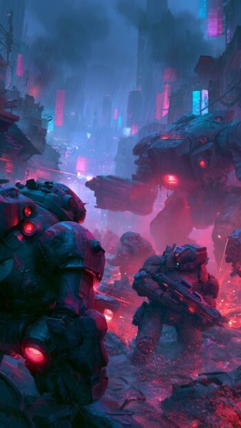 An action-packed Cyberpunk Wallpaper showing a futuristic battle with mechs and soldiers under neon red and blue lights in the rain