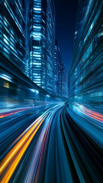 A dynamic cyberpunk wallpaper showcasing motion blur light trails from a futuristic train moving through a city at night