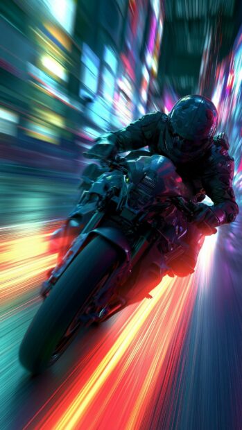 A dynamic cyberpunk wallpaper showcasing a motorcycle rider speeding through neon-lit streets with motion blur