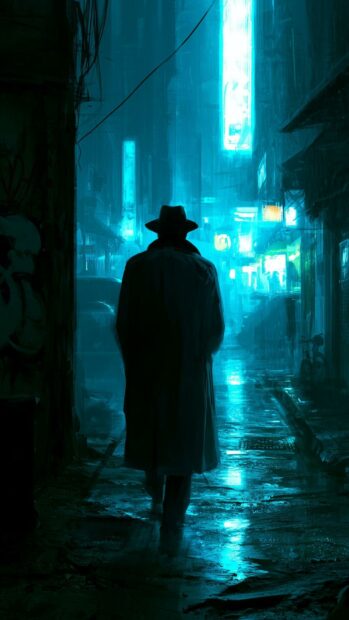 Cyberpunk wallpaper featuring a mysterious man in a trench coat and hat walking through a dark alley illuminated by blue neon lights