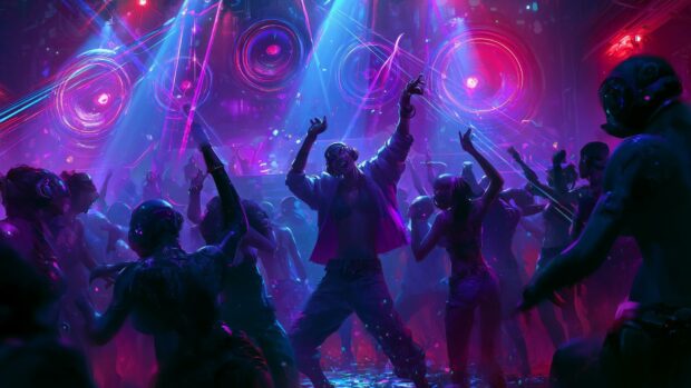 A dynamic cyberpunk wallpaper showcasing a lively dance party with people dancing under bright blue and pink neon lights and lasers