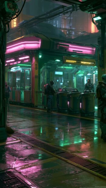 A vibrant Cyberpunk Wallpaper featuring a futuristic street station with neon pink and green lights reflecting on the wet ground