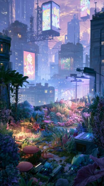 Cyberpunk wallpaper depicting an overgrown futuristic city with lush bioluminescent plants, towering buildings, and glowing digital billboards