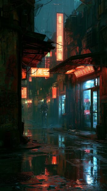 Cyberpunk wallpaper depicting a dark, rainy street scene with vibrant neon signs reflecting on the wet ground