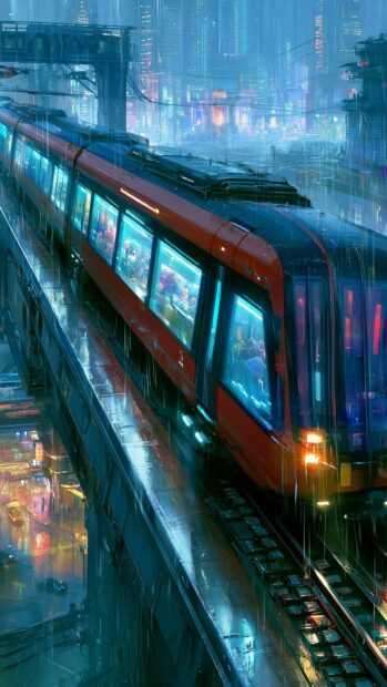 A dynamic Cyberpunk Wallpaper showing a sleek red futuristic train on elevated tracks in a rainy, neon-lit city at night