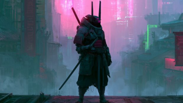 Cyberpunk wallpaper featuring a futuristic samurai warrior standing in a city street bathed in striking pink and teal neon lights