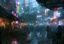 A gritty cyberpunk wallpaper portraying a bustling street market at night, illuminated by diverse neon lights and reflections on wet ground