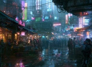 A gritty cyberpunk wallpaper portraying a bustling street market at night, illuminated by diverse neon lights and reflections on wet ground